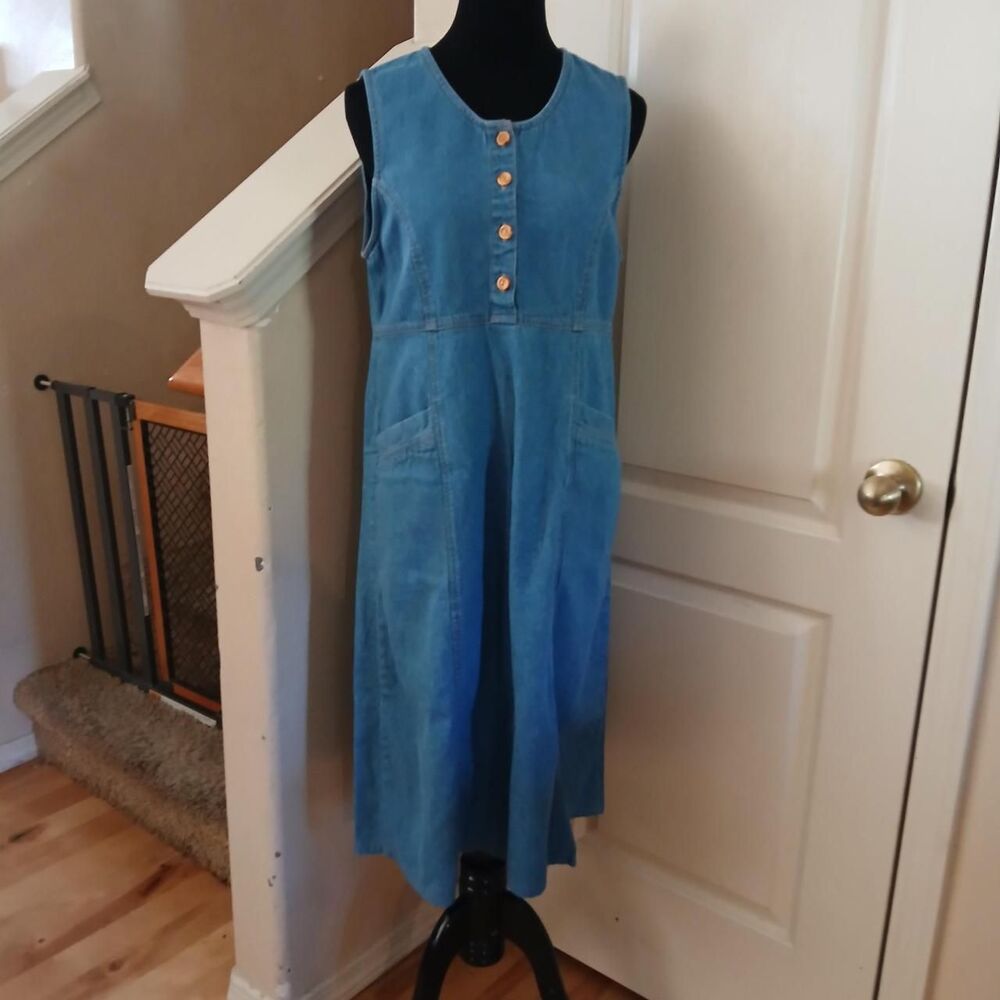 Vintage 90s Koret City Blues Blue 100% Cotton Denim Midi Dress S Cottage Teacher